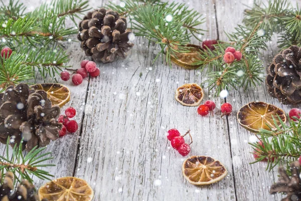 Ramas de Navidad con conos de bayas viburnum y rodaja de limón seco — Foto de Stock