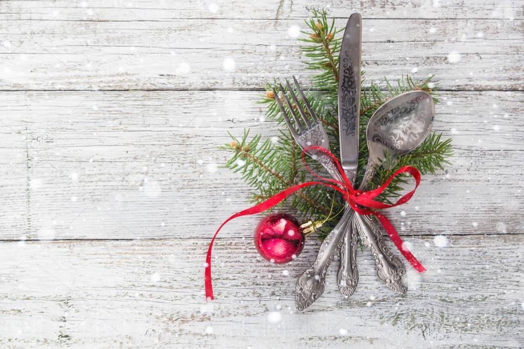 Christmas wooden table with knife, fork and spoon