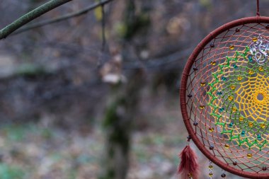 Tüy, deri, boncuk ve ipleri yapılmış Dreamcatcher