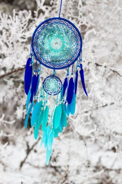 Tüy, deri, boncuk ve ipleri yapılmış Dreamcatcher