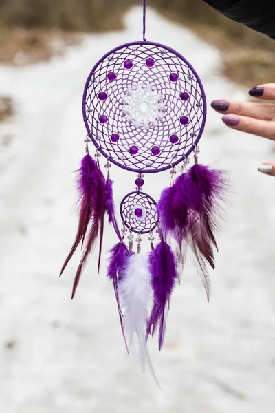 Tüy, deri, boncuk ve ipleri yapılmış Dreamcatcher — Stok fotoğraf