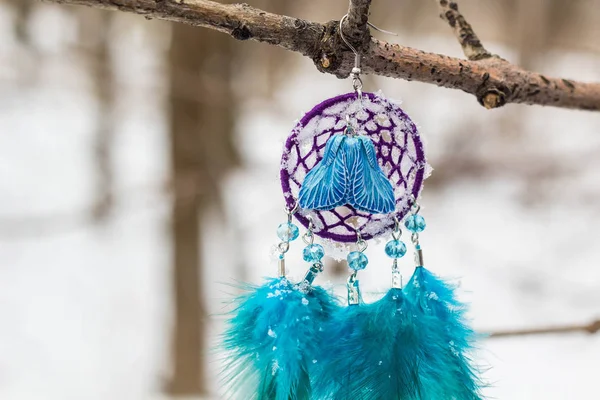 Náušnice Dreamcatcher z peří kůží korálky a řetězi, — Stock fotografie