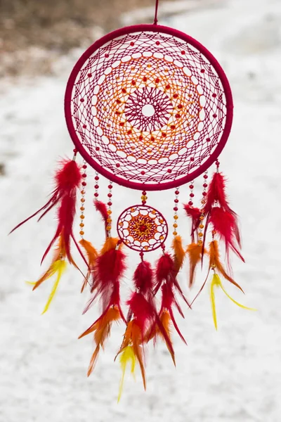 Atrapasueños hecho de plumas, cuero, cuentas y cuerdas — Foto de Stock