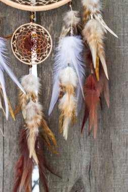 Tüy, deri, boncuk ve ipleri yapılmış Dreamcatcher