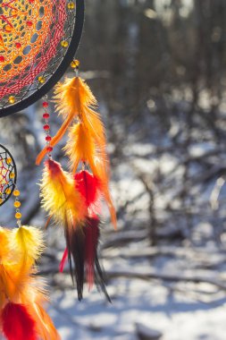 Tüy, deri, boncuk ve ipleri yapılmış Dreamcatcher