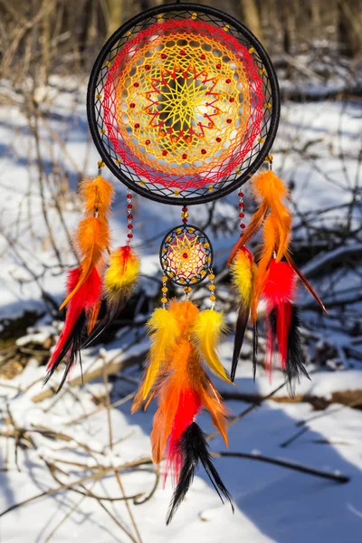 Tüy, deri, boncuk ve ipleri yapılmış Dreamcatcher — Stok fotoğraf