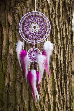 Tüy, deri, boncuk ve ipleri yapılmış Dreamcatcher