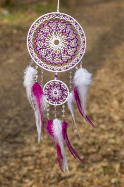 Tüy, deri, boncuk ve ipleri yapılmış Dreamcatcher