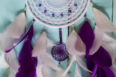 Tüy, deri, boncuk ve ipleri yapılmış Dreamcatcher