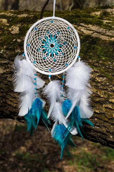 Dreamcatcher made of feathers, leather, beads, and ropes — Stock Photo, Image