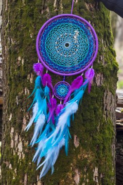 Tüy, deri, boncuk ve ipleri yapılmış Dreamcatcher