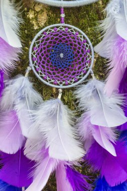 Tüy, deri, boncuk ve ipleri yapılmış Dreamcatcher