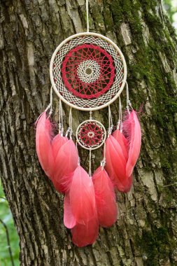Tüy, deri, boncuk ve ipleri yapılmış Dreamcatcher