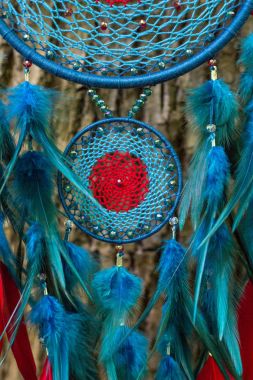 Tüy, deri, boncuk ve ipleri yapılmış Dreamcatcher