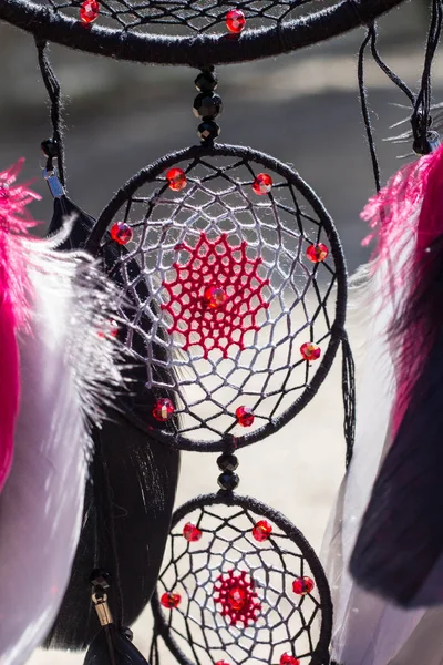 Tüy, deri, boncuk ve ipleri yapılmış Dreamcatcher — Stok fotoğraf