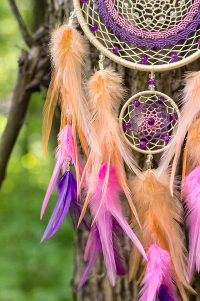 Atrapasueños hecho de plumas, cuero, cuentas y cuerdas —  Fotos de Stock
