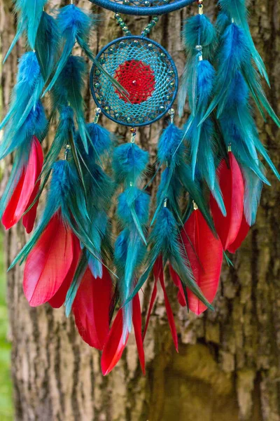 Dreamcatcher made of feathers, leather, beads, and ropes — Stock Photo, Image