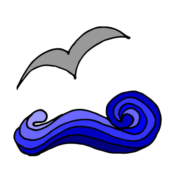 Abstracte blauwe Golf, Oceaan schommeling badge, zee-logo. Abstract water splash en meeuwen — Stockvector