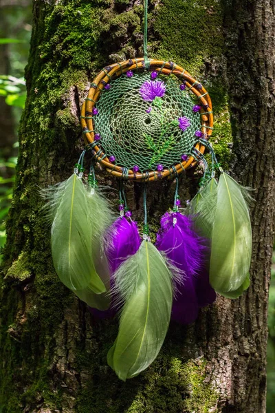 Dreamcatcher made of feathers, leather, beads, and ropes — Stock Photo, Image