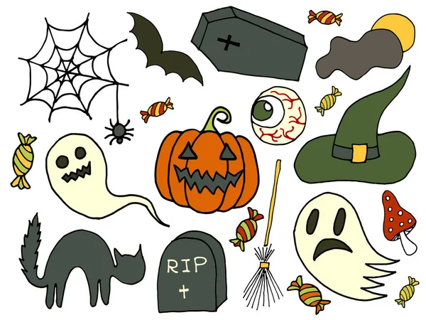 Wektor ręcznie rysowane Doodle kreskówka zestaw obiektów i symboli na Halloween — Wektor stockowy