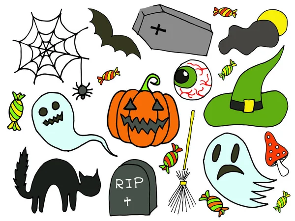 Sketchy vecteur dessiné à la main jeu de dessin animé Doodle d'objets et de symboles sur l'Halloween — Image vectorielle