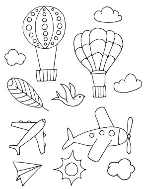 Elle çizilmiş uçak simgeler, balon, helikopter, kuş, güneşin ve bulutların vektör kümesi