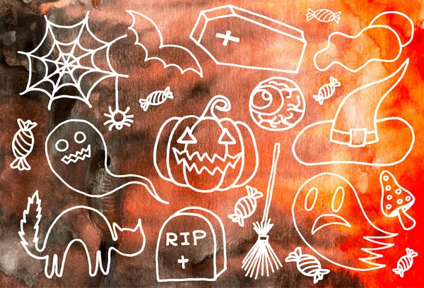 Wektor ręcznie rysowane Doodle kreskówka zestaw obiektów i symboli na Halloween — Wektor stockowy