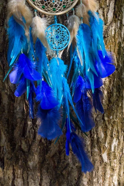 Handmade dream catcher with feathers threads and beads rope hanging — Stock Photo, Image