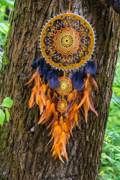 Dreamcatcher made of feathers, leather, beads, and ropes
