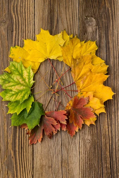 Fundo colorido e brilhante de um círculo de folhas de outono, em um fundo de madeira . — Fotografia de Stock