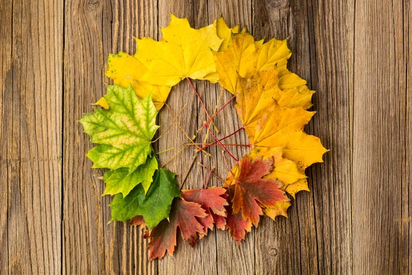 Fundo colorido e brilhante de um círculo de folhas de outono, em um fundo de madeira . — Fotografia de Stock