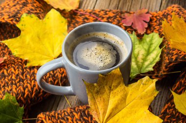 Sonbahar çay, kahve, çikolata ve renkli yaprakları örme eşarp ile fincan.