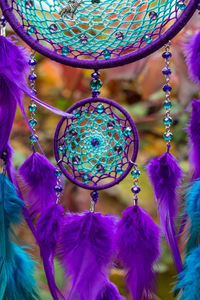 Handmade dream catcher with feathers threads and beads rope hanging — Stock Photo, Image