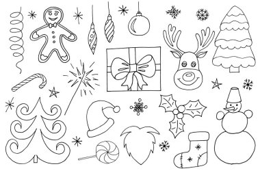 Yarım yamalak vektör el Doodle çizgi film dizi nesneler ve simgeler Merry Christmas çekilmiş.