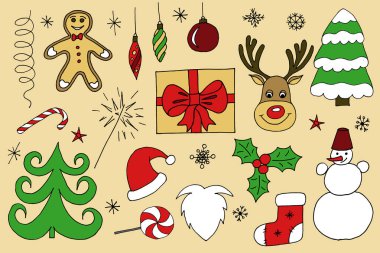 Yarım yamalak vektör el Doodle çizgi film dizi nesneler ve simgeler Merry Christmas çekilmiş.