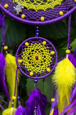 El yapımı rüya yakalayıcı iple asılı tüyler konu ve boncuk