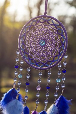 El yapımı rüya yakalayıcı iple asılı tüyler konu ve boncuk