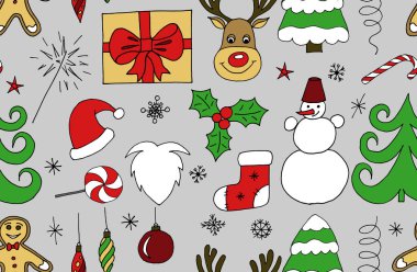 Yarım yamalak vektör el çizilmiş Doodle karikatür seamless modeli nesneleri ve neşeli Noel simgeler