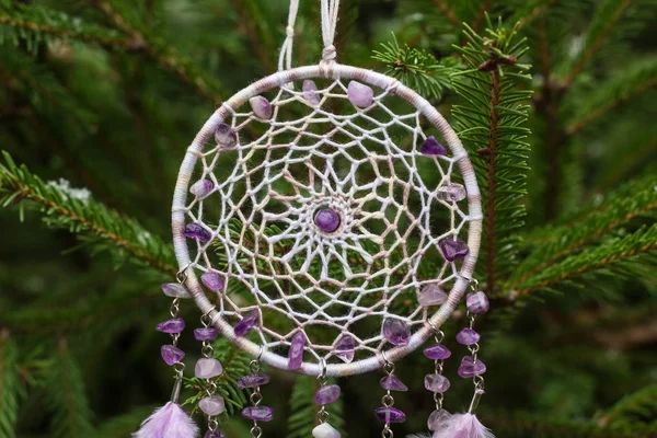 Handmade dream catcher with feathers threads and beads rope hanging — Stock Photo, Image