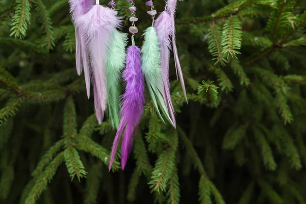 Handgjorda dream catcher med fjädrar trådar och pärlor rep hängande — Stockfoto