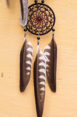 El yapımı rüya yakalayıcı iple asılı tüyler konu ve boncuk