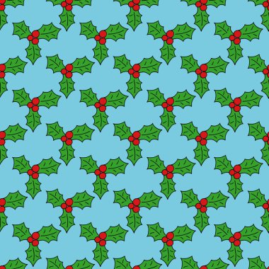 Noel holly ve köknar ağacı dalı vektör el-çizim grafik karikatür doodle seamless modeli