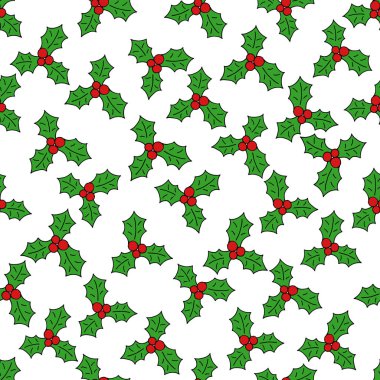Noel holly ve köknar ağacı dalı vektör el-çizim grafik karikatür doodle seamless modeli