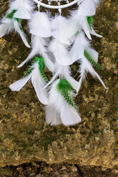 El yapımı rüya yakalayıcı iple asılı tüyler konu ve boncuk — Stok fotoğraf