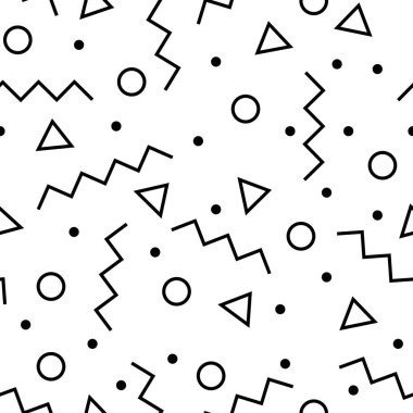 Kesintisiz geometrik vektör desen oluşturmak bir üçgen, bir çizgi, bir daire. Memphis tarzı.