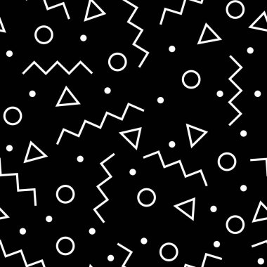 Kesintisiz geometrik desen oluşturmak bir üçgen, bir çizgi, bir daire. Memphis tarzı.