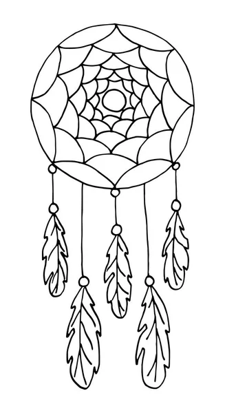 Illustration with hand drawn dream catcher with feathers and beads. — Stock Photo, Image