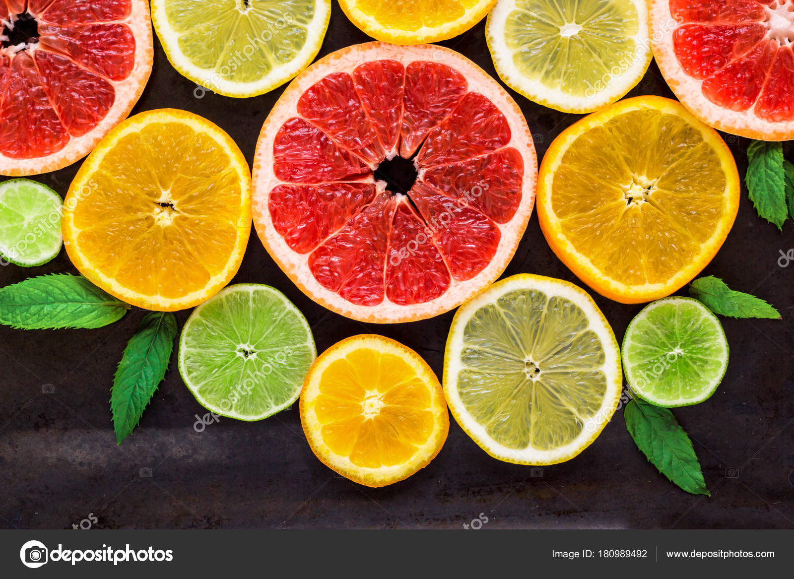 Corner Oranges Lemons Limes Grapefruit Mint Pattern Black Flat Lay Stock Photo C Dashtik
