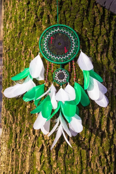 Handgemaakte dream catcher met veren threads en kralen touw hangend — Stockfoto