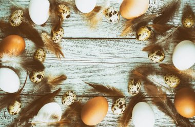 Paskalya arka plan Paskalya yumurta ve tavuk tüyleri çerçeve yapılmış. Kopya alanı, tonda